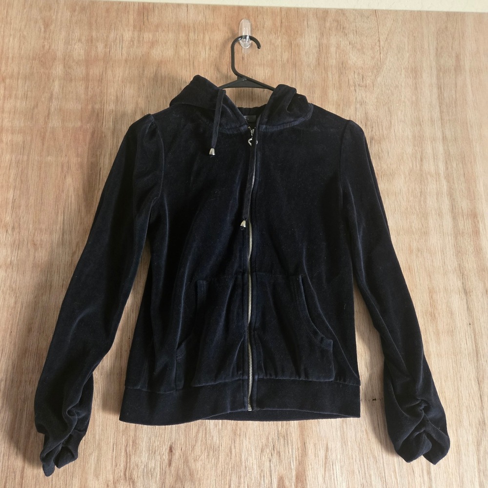 Vintage Y2K Velour Zip Up Hoodie Black Gold Graphic Sweatshirt Womens Small
